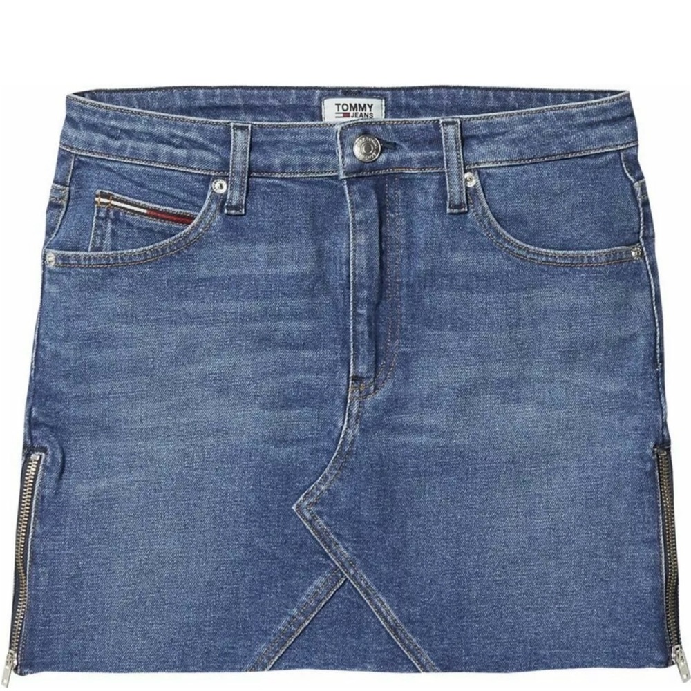 Tommy Jeans Hilfiger Short Denim Biker Med Blue Skirt Zipper Size 29 $129